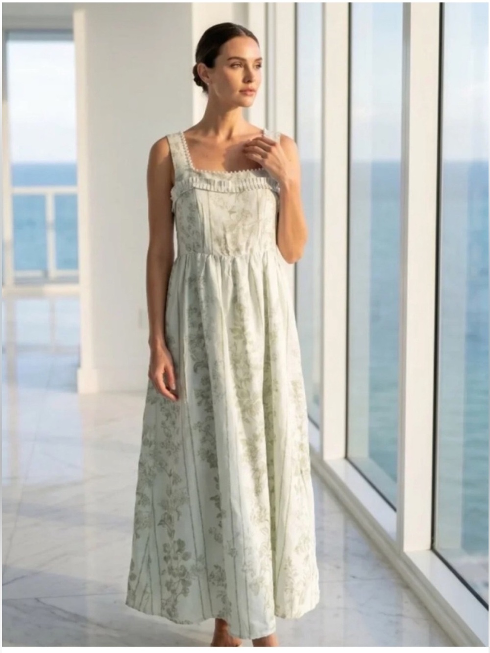 Caroline Constas Green Pearl Neck Linen Maxi Dress (Agua by Agua Bendita Barbara